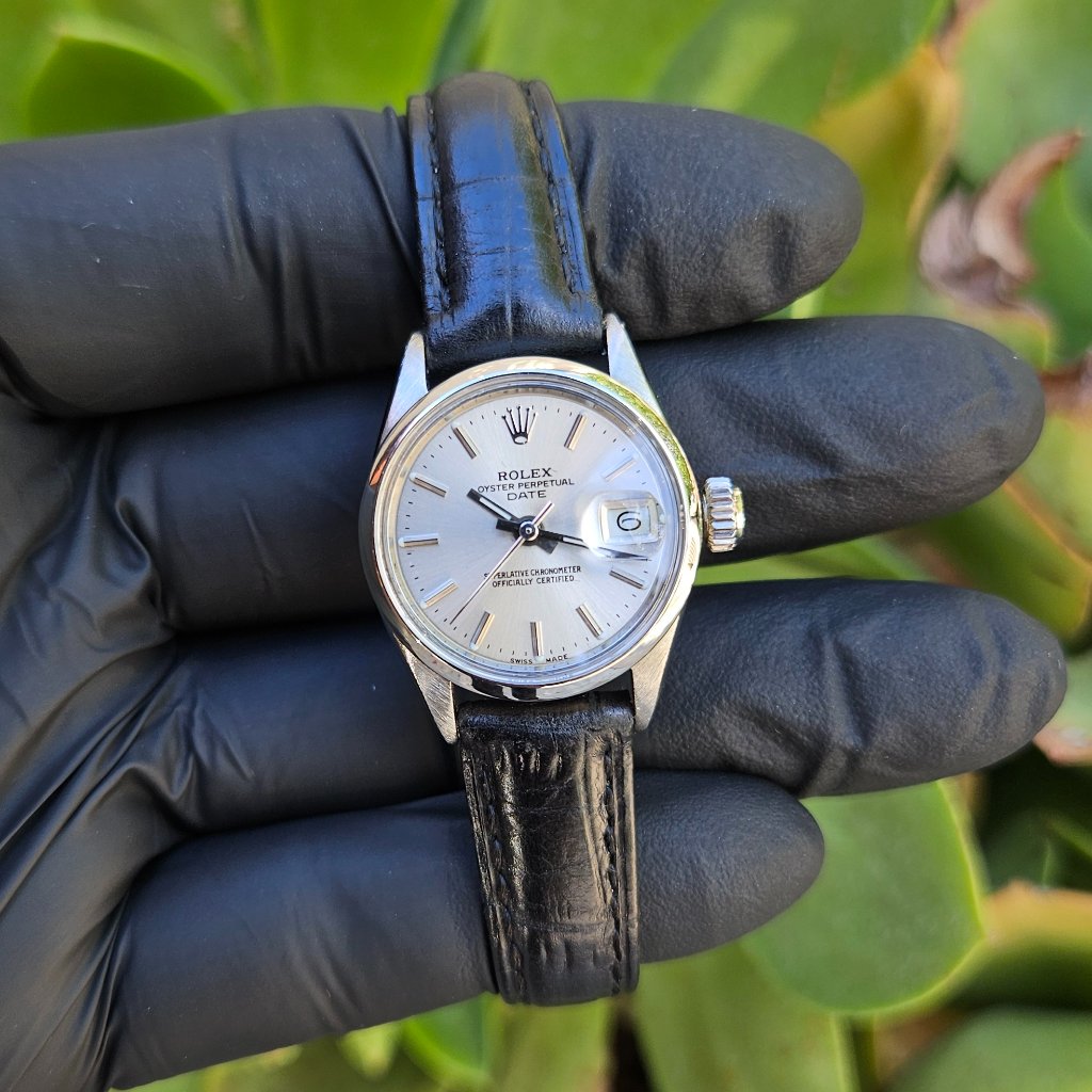 Sale Rolex Ladies 26mm Datejust Steel Silver Stick On Black Leather Strap